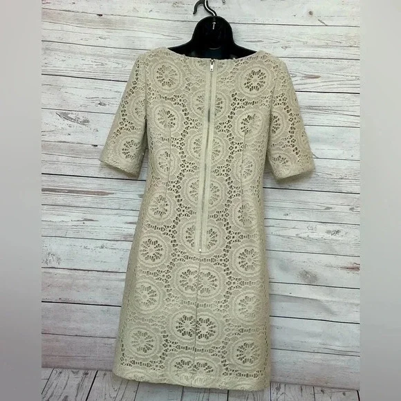 EUC Tan‎ Crochet Lace Women’s Cocktail Formal Adrianna Papell 1/4 Sleeve Dress - Picture 3 of 11